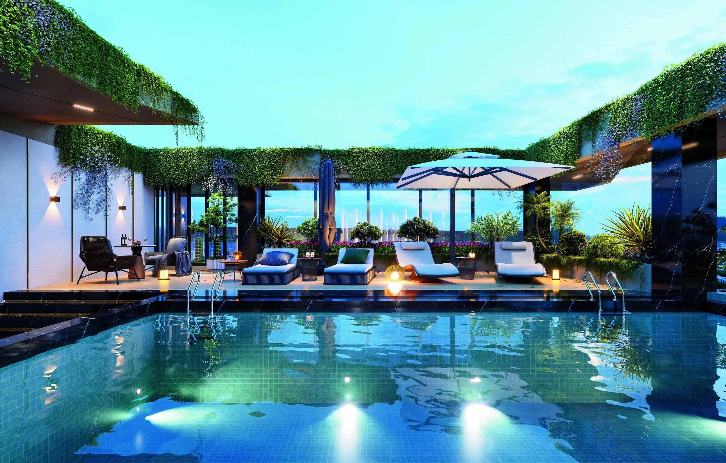 Heated rooftop pool with loungers at dusk